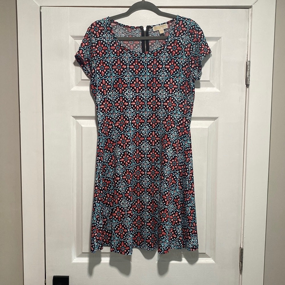 Michael Kors Dress Women Large Black Batik Short Sleeve Zip Ladies.